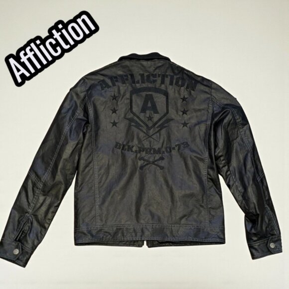 AFFLICTION Black Premium 73 Vegan Leather Zip Up Moto Jacket Zipper Pockets L - Picture 11 of 11